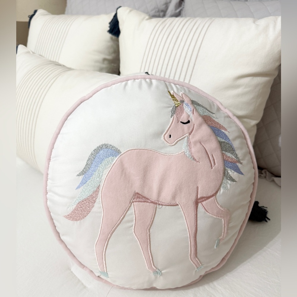 Pink Unicorn Embroidered Round Throw Pillow